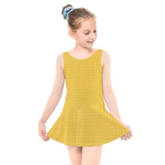 Saffron Yellow Color Polka Dots Kids  Skater Dress Swimsuit by SpinnyChairDesigns