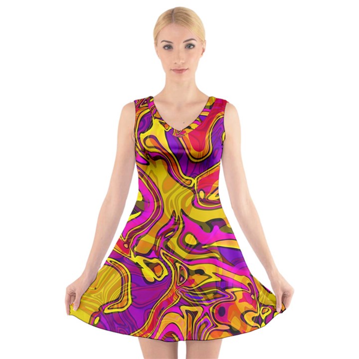 Colorful Boho Swirls Pattern V-Neck Sleeveless Dress