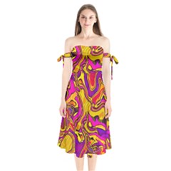 Colorful Boho Swirls Pattern Shoulder Tie Bardot Midi Dress by SpinnyChairDesigns