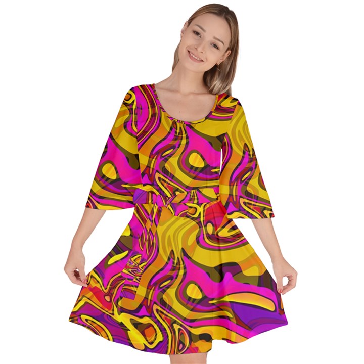 Colorful Boho Swirls Pattern Velour Kimono Dress