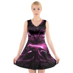 Black Magenta Abstract Art V-neck Sleeveless Dress by SpinnyChairDesigns