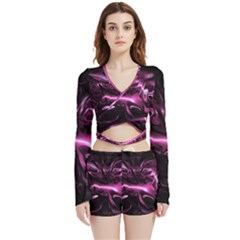 Black Magenta Abstract Art Velvet Wrap Crop Top