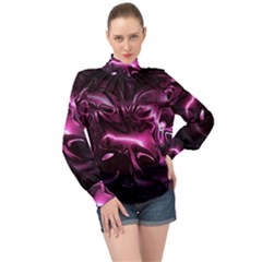 Black Magenta Abstract Art High Neck Long Sleeve Chiffon Top by SpinnyChairDesigns