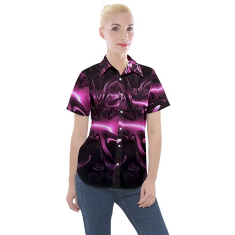 Black Magenta Abstract Art Women s Short Sleeve Pocket Shirt by SpinnyChairDesigns