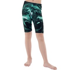 Biscay Green Black Abstract Art Kids  Mid Length Swim Shorts by SpinnyChairDesigns