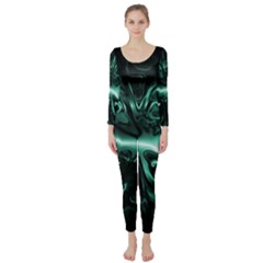 Biscay Green Black Abstract Art Long Sleeve Catsuit by SpinnyChairDesigns