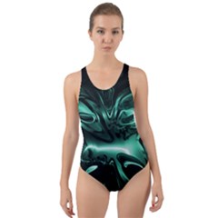 Biscay Green Black Abstract Art Cut-out Back One Piece Swimsuit by SpinnyChairDesigns