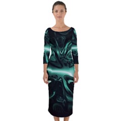 Biscay Green Black Abstract Art Quarter Sleeve Midi Bodycon Dress by SpinnyChairDesigns