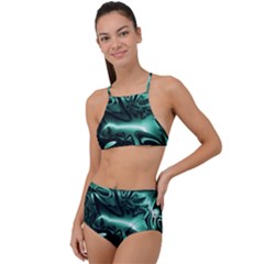 Biscay Green Black Abstract Art High Waist Tankini Set by SpinnyChairDesigns