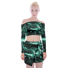 Biscay Green Black Abstract Art Off Shoulder Top With Mini Skirt Set by SpinnyChairDesigns