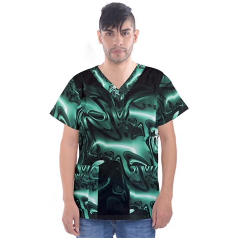 Biscay Green Black Abstract Art Men s V-neck Scrub Top by SpinnyChairDesigns