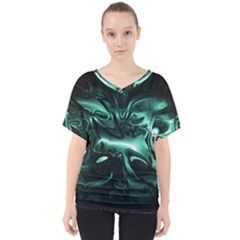 Biscay Green Black Abstract Art V-neck Dolman Drape Top by SpinnyChairDesigns