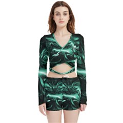 Biscay Green Black Abstract Art Velvet Wrap Crop Top