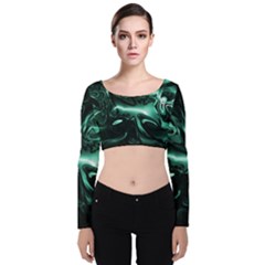 Biscay Green Black Abstract Art Velvet Long Sleeve Crop Top by SpinnyChairDesigns