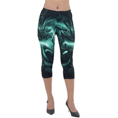 Biscay Green Black Abstract Art Lightweight Velour Capri Leggings  by SpinnyChairDesigns