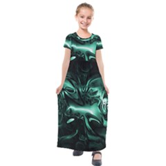 Biscay Green Black Abstract Art Kids  Short Sleeve Maxi Dress by SpinnyChairDesigns