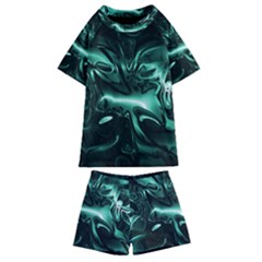 Biscay Green Black Abstract Art Kids  Swim Tee And Shorts Set by SpinnyChairDesigns