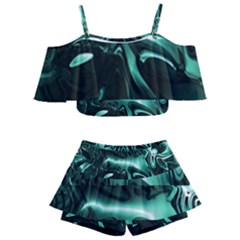 Biscay Green Black Abstract Art Kids  Off Shoulder Skirt Bikini by SpinnyChairDesigns