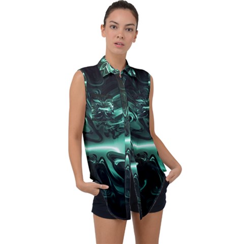 Biscay Green Black Abstract Art Sleeveless Chiffon Button Shirt by SpinnyChairDesigns