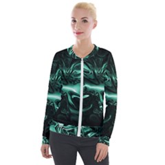 Biscay Green Black Abstract Art Velour Zip Up Jacket by SpinnyChairDesigns