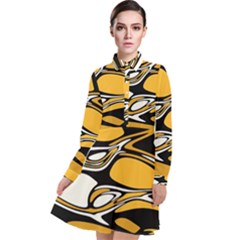 Black Yellow White Abstract Art Long Sleeve Chiffon Shirt Dress by SpinnyChairDesigns