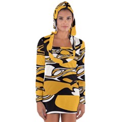 Black Yellow White Abstract Art Long Sleeve Hooded T-shirt by SpinnyChairDesigns