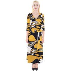 Black Yellow White Abstract Art Quarter Sleeve Wrap Maxi Dress by SpinnyChairDesigns