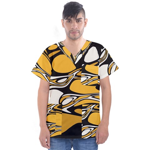 Black Yellow White Abstract Art Men s V-neck Scrub Top by SpinnyChairDesigns