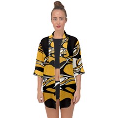 Black Yellow White Abstract Art Open Front Chiffon Kimono by SpinnyChairDesigns