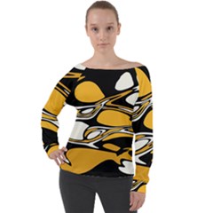 Black Yellow White Abstract Art Off Shoulder Long Sleeve Velour Top by SpinnyChairDesigns