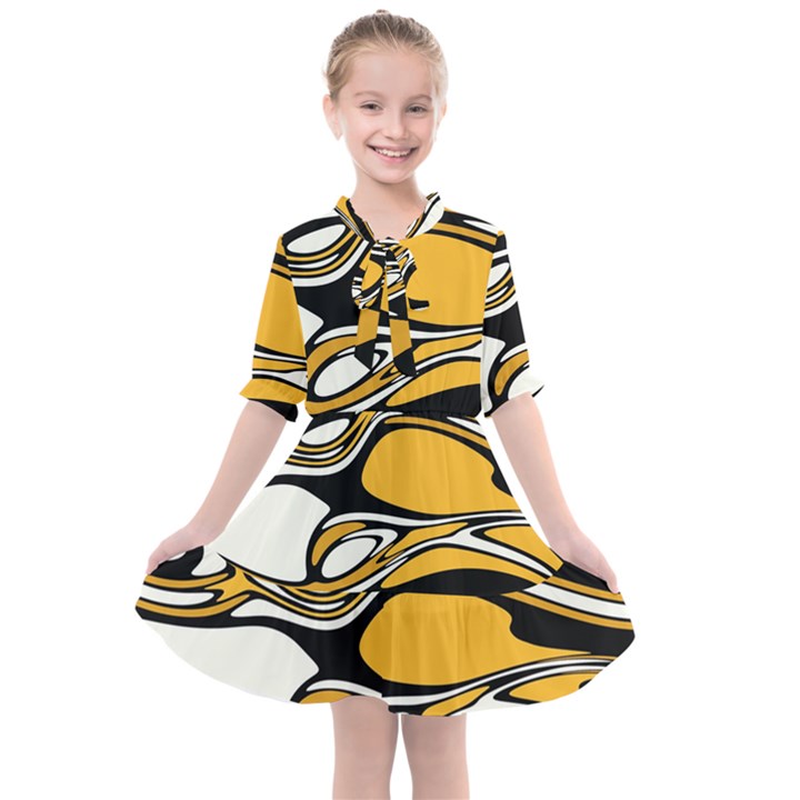 Black Yellow White Abstract Art Kids  All Frills Chiffon Dress