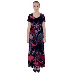 Red Black Grey Abstract Art High Waist Short Sleeve Maxi Dress by SpinnyChairDesigns