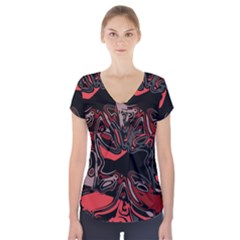 Red Black Grey Abstract Art Short Sleeve Front Detail Top by SpinnyChairDesigns