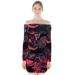 Red Black Grey Abstract Art Long Sleeve Off Shoulder Dress by SpinnyChairDesigns