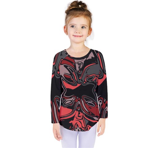 Red Black Grey Abstract Art Kids  Long Sleeve Tee by SpinnyChairDesigns