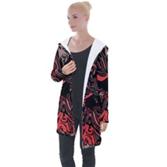 Red Black Grey Abstract Art Longline Hooded Cardigan by SpinnyChairDesigns