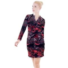 Red Black Grey Abstract Art Button Long Sleeve Dress by SpinnyChairDesigns