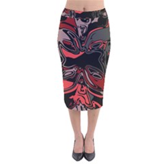 Red Black Grey Abstract Art Velvet Midi Pencil Skirt by SpinnyChairDesigns