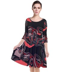 Red Black Grey Abstract Art Quarter Sleeve Waist Band Dress by SpinnyChairDesigns