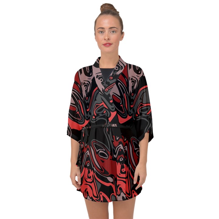 Red Black Grey Abstract Art Half Sleeve Chiffon Kimono