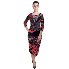 Red Black Grey Abstract Art Quarter Sleeve Midi Velour Bodycon Dress by SpinnyChairDesigns