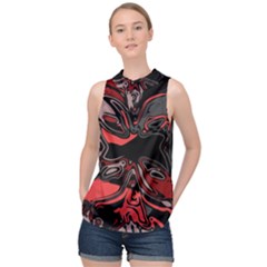 Red Black Grey Abstract Art High Neck Satin Top