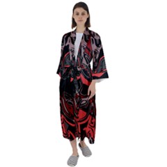 Red Black Grey Abstract Art Maxi Satin Kimono by SpinnyChairDesigns