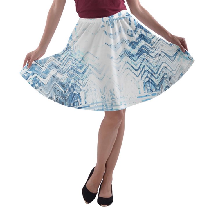 Boho Faded Blue Denim White Batik A-line Skater Skirt