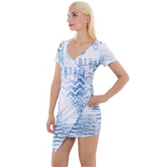 Boho Faded Blue Denim White Batik Short Sleeve Asymmetric Mini Dress by SpinnyChairDesigns