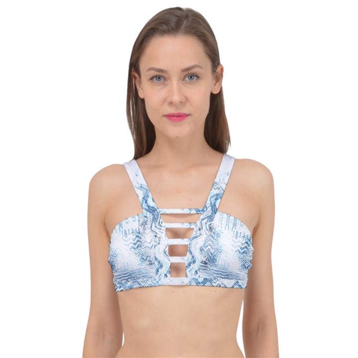 Boho Faded Blue Denim White Batik Cage Up Bikini Top