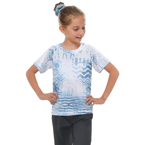 Boho Faded Blue Denim White Batik Kids  Mesh Piece Tee by SpinnyChairDesigns