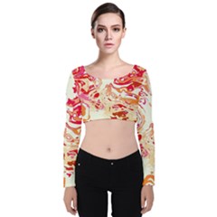 Red Orange Abstract Art Velvet Long Sleeve Crop Top by SpinnyChairDesigns