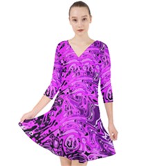 Magenta Black Abstract Art Quarter Sleeve Front Wrap Dress by SpinnyChairDesigns