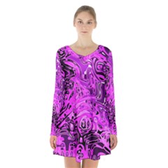 Magenta Black Abstract Art Long Sleeve Velvet V-neck Dress by SpinnyChairDesigns